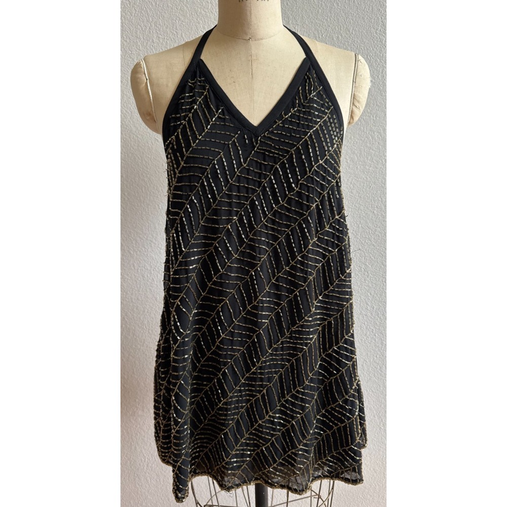 NBD Sz Small Black Gold‎ Beaded Tank Top EUC Sexy Back Cocktail - Picture 2 of 9